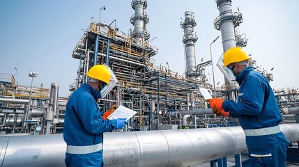 Aufkleber - A group of refinery workers dressed in safety gear carefully inspecting pipelines and monitoring the equipment and machinery during heavy industrial at the facility
