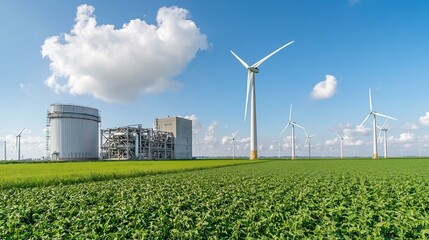Leinwandbilder - Biofuel processing plant with towering wind turbines in the background showcasing the of sustainable energy production in an industrial setting amidst a scenic rural landscape