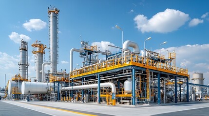 Poster - Expansive industrial gas processing facility featuring towering metal pipelines large storage tanks and other machinery in an aerial perspective