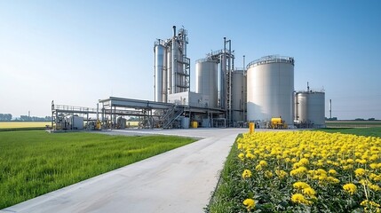 Leinwandbilder - Aerial view of large biofuel storage tanks at an eco friendly processing plant in a modern industrial setting