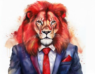 Wall Mural - illustration of a red lion with man body an men's suit with tie on acrylic painted watercolor drawing isolated on white background