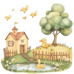 Wall Mural - Charming Watercolor Illustration of Ducks, Birds, and a Little House by a Pond.