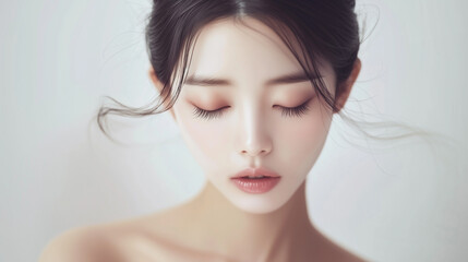 Aufkleber - 若くて綺麗なアジア人女性モデル。目を瞑っている美容撮影。