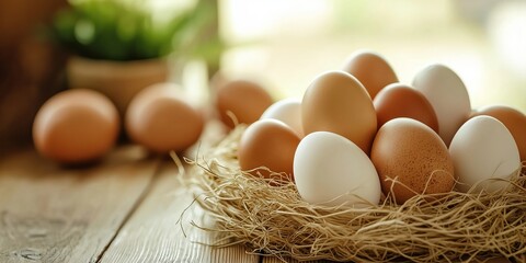 An artistic display of fresh eggs arranged naturally, symbolizing farm life and abundance.