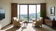 © Pixel Matrix - Stylish living room featuring two armchairs a shelf and a panoramic window