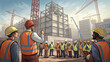 © Czintos Ödön - Construction workers in safety gear gather at a site and receive instructions from a supervisor. Tall cranes and unfinished steel structures dominate the background. AI generated.