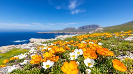 Wall Mural - A field of yellow and white flowers on a rocky hillside by the ocean