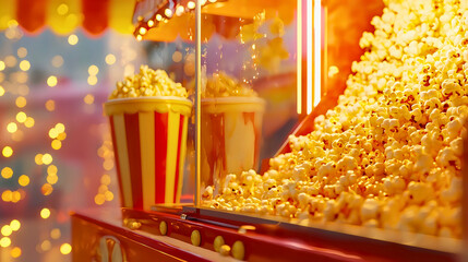 A beautiful popcorn stand standing on the street, with popcorn made in a machine from freshly popped corn, served in a classic red and blue popcorn bucket.