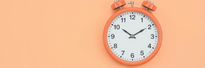 Close up of analogue clock at ten o'clock on pastel orange background with copy space, perfect for time management and school concept in digital or print media, clock, wall, winter time change