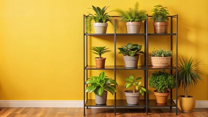 Sticker - Black Metal Shelf Unit With Potted Plants Against Yellow Wall