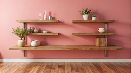 Wall Mural - Modern Wooden Shelves with Decorative Elements Against a Pink Wall