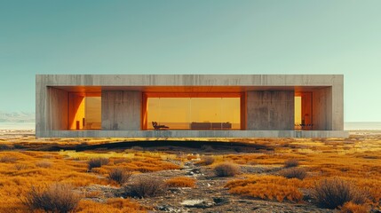 Poster - Modern architectural masterpiece stands in a vast landscape during golden hour, reflecting sunshine through large windows. Generative AI