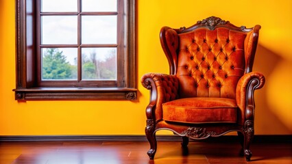 Poster - An Ornate Leather Armchair Against a Yellow Wall with a Window