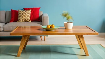 Poster - Wooden Coffee Table with Fruit and Plant in a Living Room