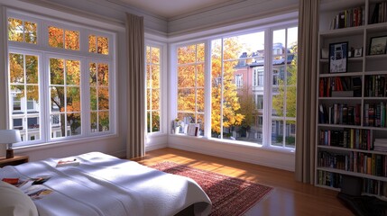 Wall Mural - Bright bedroom features a large bed with textured blankets and pillows, offering a view of vibrant autumn leaves outside