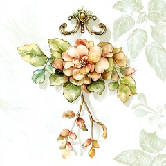 Canvas Print - Watercolor Painting of Delicate Peach-Colored Flower with Gold Accent and Green Leaves.