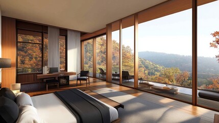 Wall Mural - Bright bedroom features a large bed with textured blankets and pillows, offering a view of vibrant autumn leaves outside