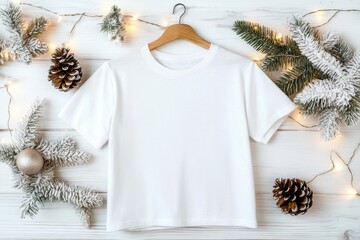 Sticker - Minimalist white t-shirt hanging amid festive christmas decor