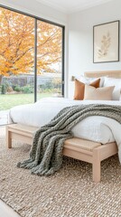 Wall Mural - Bright bedroom features a large bed with textured blankets and pillows, offering a view of vibrant autumn leaves outside