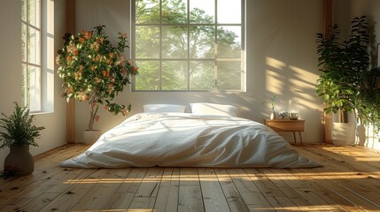 Wall Mural - Bright and serene bedroom with natural light and greenery creates a tranquil escape in a cozy space. Generative AI