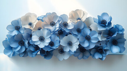 Wall Mural - A cluster of blue-and-white blossoms perched atop a crisp platform against a pure backdrop of white walls