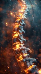 Wall Mural - a glowing spinal cord in a digital render against a dark backdrop shines gold/orange with bright par