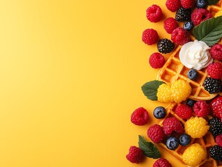 Delicious waffles with mixed berries bright yellow background food photography cheerful atmosphere close-up view sweet indulgence