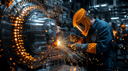 Poster - welding engineer working with sparks flying in factory setting