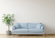 © PERFECTisME - A minimalist living room with a blue sofa, two potted plants, and a side table