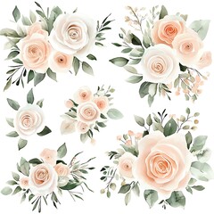 Sticker - Collection of Watercolor Peach and White Roses with Greenery, Perfect for Wedding Invitations or Romantic Designs.