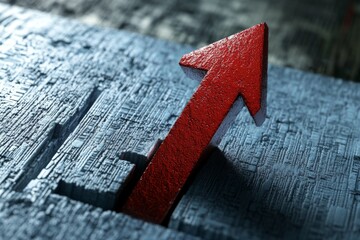 Digital stock market growth arrow: red arrow pointing upwards on blue background with digital numbers and code