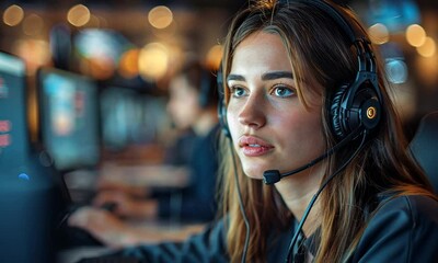 A young woman wearing headphones is looking intently at a computer screen in a dimly lit room.