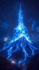Wall Mural - glowing blue volcano erupting in the night sky, surrounded by clouds and stars.