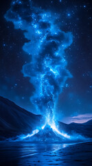 Wall Mural - A brilliant blue eruption of light rises into the starry sky above the serene landscape.