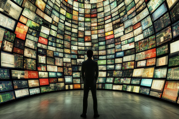Wall Mural - a male it professional with their back to the viewer observing the large amount of computer monitors