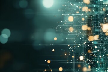 interconnected dots and lines on a teal background signify digital technology and networking, convey