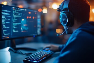 a person with headphones sits coding at a dual-screen computer setup, symbolizing focus, concentrati