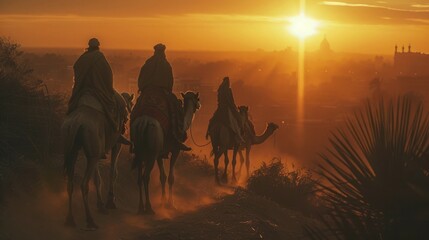 The three wise men riding camels guided by the star