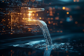 A futuristic digital faucet pouring streams of data, symbolizing the flow of information in the internet age, emphasizing the connectivity and digital transformation.