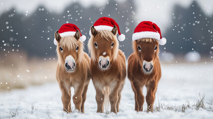 Wall Mural - Three cute miniature ponies dressed in Santa hats stand in a row in a snowy field in winter.