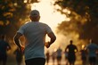 © Odin AI - A back view of a man jogging on a pathway surrounded by trees during the sunrise, capturing dedication and solitude in a serene natural environment.