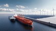 © Charnon - A large cargo ship docked at a modern port, with wind turbines and containers visible, showcasing a blend of shipping and renewable energy.