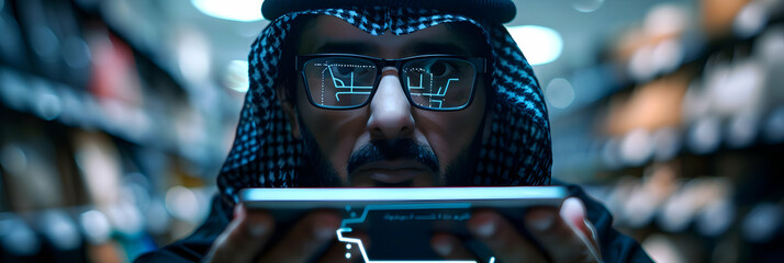 Man in Keffiyeh Uses Smartphone with Shopping Cart Overlay on Glasses at Night, E-commerce and Technology Theme