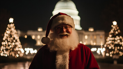 Santa Claus in Washington D.C. With Festive Christmas Trees - A perfect blend of holiday spirit and iconic landmarks.