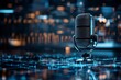 © Odin AI - An elegant retro microphone set against a futuristic digital background, evoking a blend of classic and modern broadcasting themes with luminous details.
