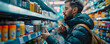 © HQAsset - Man Carefully Examining Supplement Bottles in Store Aisles,  Health Conscious Consumer Making a Purchase Decision.