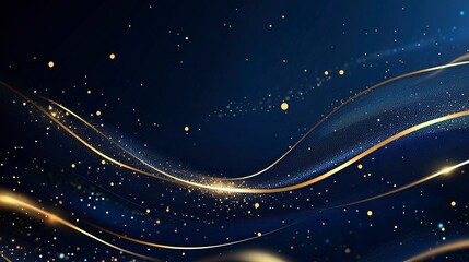 Blue luxury background with golden lines, sparkle glowing dots effect and bokeh element.