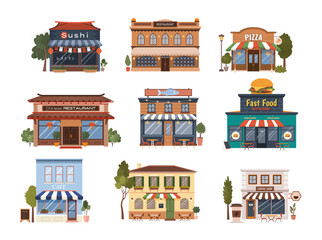 Wall Mural - Set of various flat urban building icons. Isolated municipal buildings, cafe, coffee shop, Italian, Chinese, Indian, pizza, fast food restaurants, sushi on a white background. Vector illustrations.