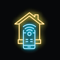 Poster - Glowing neon icon of a smartphone controlling a smart home system with a wifi symbol