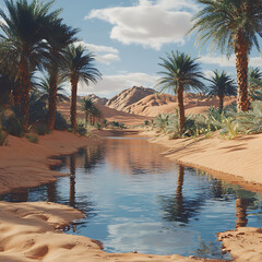 Wall Mural - serene oasis surrounded by golden sand dunes and palm trees, reflecting clear blue sky in tranquil water. Nature beauty is on full display here